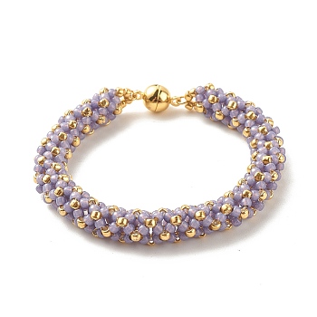 Glass Seed Beaded Bracelet with Brass Magnetic Clasp, Braided Bracelet for Women, Medium Purple, 7-1/2 inch(19cm)