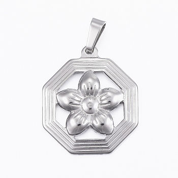 304 Stainless Steel Pendants, Octagon with Flower, Stainless Steel Color, 29.5x25.5x3mm, Hole: 3.5x8mm