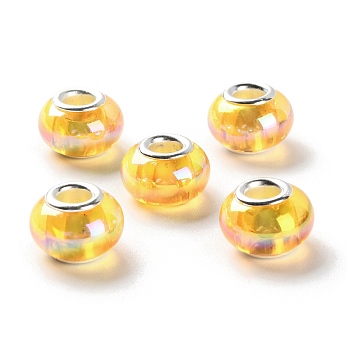 UV Plating Resin European Beads, Rondelle Large Hole Beads, with Platinum Tone Alloy Double Cores, Gold, 13.5x9mm, Hole: 5mm