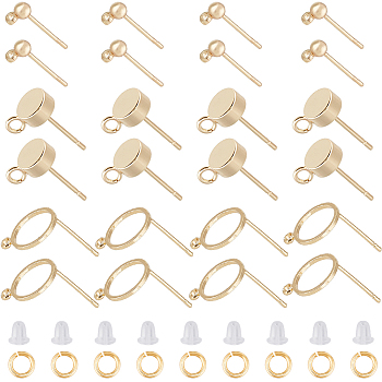 30Pcs 3 Style Ring & Flat Round & Round Brass Stud Earrings Findings, with Loops, 30Pcs Plastic Ear Nuts, 30Pcs Brass Open Jump Rings, Real 18K Gold Plated, 9~13x6~13mm, Hole: 1.2~1.8mm, Pin: 0.7~0.8mm, 10Pcs/style