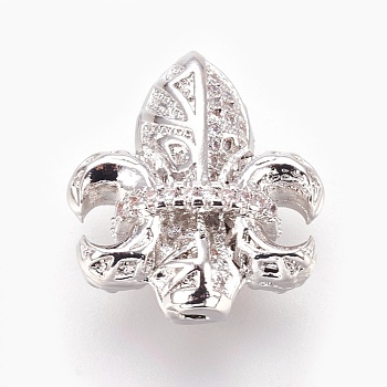 Brass Micro Pave Cubic Zirconia Beads, Lead Free & Cadmium Free & Nickel Free, Long-Lasting Plated, Fleur De Lis, Clear, Platinum, 19x17.5x9mm, Hole: 1.5mm