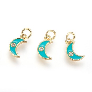 Brass Micro Pave Cubic Zirconia Charms, with Enamel and Jump Ring, Moon, Golden, Dark Turquoise, 10x6x2mm, Hole: 3mm