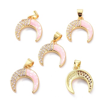 Real 18K Gold Plated Brass Micro Pave Clear Cubic Zirconia Pendants, with Shell Filled in Enamel, Long-Lasting Plated, Double Horn/Crescent Moon, Pink, 16x15x3.5mm, Hole: 4.5x3.5mm