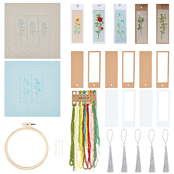 DIY Bookmark Making Kit, with Paper Bookmark Cards, Flax Embroidery Pattern Fabric, Cotton Tassels & Threads, Plastic Embroidery Hoop, Iron Needles, Plastic Storage Tube, Mixed Color, 50~268x0.2~269x0.2~10mm