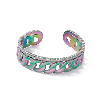 Ion Plating(IP) 304 Stainless Steel Curb Chains Shape Open Cuff Ring, Hollow Ring for Women, Rainbow Color, US Size 8 1/2(18.5mm)