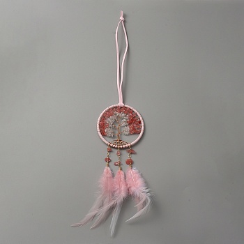 Brass Woven Web/Net with Feather Pendant Decorations, Natural Crystal Quartz Tree of Life Hanging Ornament, with Leather Cord, Flat Round, Pink, 505mm