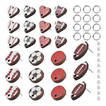 16Pcs 8 Style Baseball & Oval with Rugby & Heart Wood Stud Earring Findings, with 20Pcs Plastic Ear Nuts and 20Pcs Brass Jump Rings, Mixed Color, 13.5~20x10~15mm, Hole: 2mm, Pin: 0.8mm, 2Pcs/style