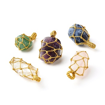 Natural Mixed Gemstone Pendants, with Gold Metallic Wire, Nuggets, 32~50.5x15~22x11~17mm, Hole: 3~5x6mm