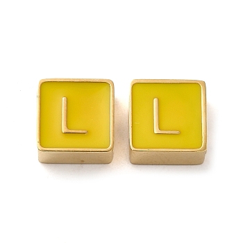 304 Stainless Steel Enamel Beads, Real 14K Gold Plated, Square with Letter, Letter L, 8x8x4mm, Hole: 2mm