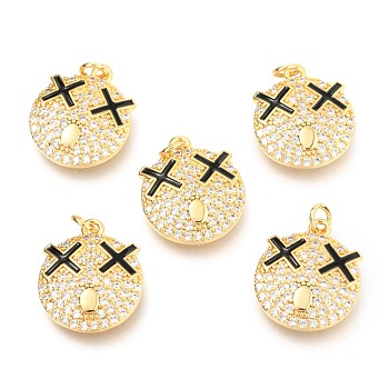 Brass Micro Pave Clear Cubic Zirconia Pendants, Long-Lasting Plated, with Jump Rings & Enamel, Real 18K Gold Plated, Flat Round with Expression, Black, 16.5x14x2.5mm, Hole: 3mm