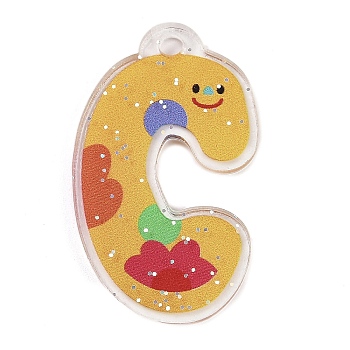 Acrylic Pendants, with Glitter Power, Letter with Smiley Face, Letter C, 29~38x21.5~34.5x2.8mm, Hole: 3mm