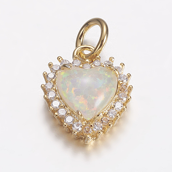 Brass Micro Pave Cubic Zirconia Charms, with Synthetic Opal, Heart, Golden, White, 14x11.5x5mm, Hole: 4mm