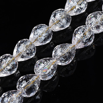 Transparent Crackle Glass Beads Strands, Faceted, Teardrop, Clear, 10x9mm, Hole: 1.2mm, about 33Pcs/strand, 13.78 inch(35cm)