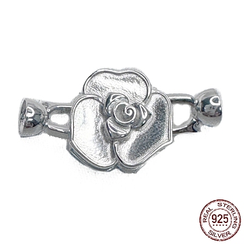 Rhodium Plated 925 Sterling Silver Fold Over Clasps, Flower, Real Platinum Plated, 32mm, Hole: 4mm