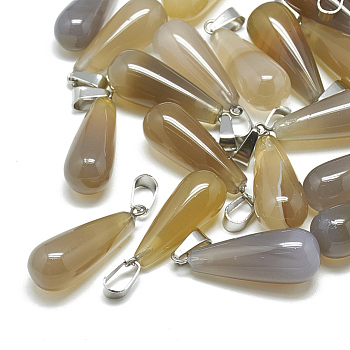 Natural Grey Agate Pendants, with Stainless Steel Snap On Bails, teardrop, 28~30x10~12mm, Hole: 6x4mm