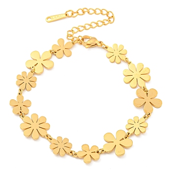 304 Stainless Steel Chain Bracelets, Small Daisy, Real 18K Gold Plated, 6-5/8 inch(16.9cm)