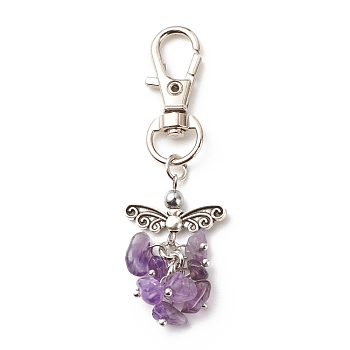Natural Amethyst Beaded Cluster Pendant Decorates, with Swivel Clasps, Lobster Clasp Charms, Clip-on Charms, for Keychain, Purse, Backpack Ornament, Stitch Marker, Wings, 67~68mm
