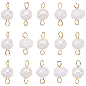 30Pcs Natural Cultured Freshwater Pearl Connector Charms, Nuggets Links, with Golden Tone 304 Stainless Steel Double Loops, White, 13~14x6.5~7.5x4~5mm, Hole: 2~2.5mm