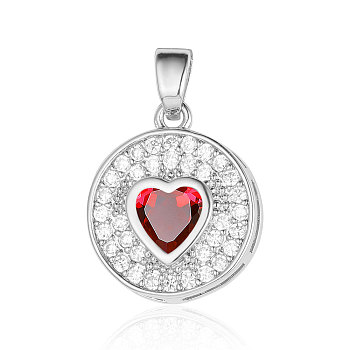 Brass Micro Pave Cubic Zirconia Pendants, Flat Round with Heart Charms, Platinum, Red, 16x14x4.1mm