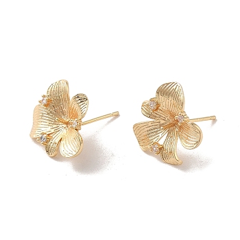 Golden Brass Micro Pave Cubic Zirconia Stud Earring Findings, Earring Settings for Half Drilled Beads, Flower, 16.5x15mm, Pin: 11x0.7mm and 1mm