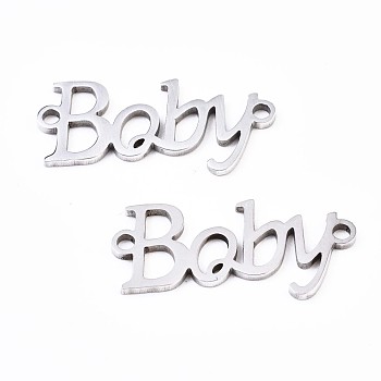 201 Stainless Steel Link Connectors, Laser Cut, Word Baby, Stainless Steel Color, 10x22x1mm, Hole: 1.5mm