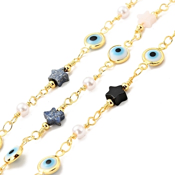 Rack Plating Brass Flat Round Link Chains, with Natural Mixed Gemstone Star & Glass Evil Eye Beaded, Long-Lasting Plated, Soldered, with Spool, Cadmium Free & Lead Free, Golden, 13x6.5x2.5mm, 12x4mm, 18x6x2.5mm