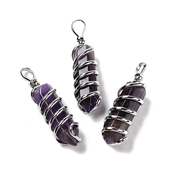 Natural Amethyst Big Pendants, Eco-Friendly Copper Wire Wrapped, Platinum, Cadmium Free & Lead Free, Bullet, 54.5x14x13.5mm, Hole: 8mm