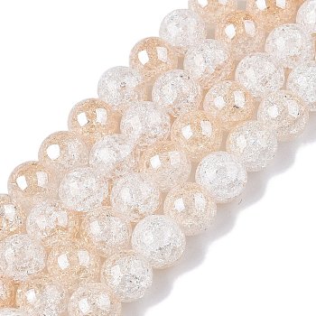 Electroplated Crackle Glass Beads Strands, Half Plated, Round, PeachPuff, 8~8.5mm, Hole: 1~1.2mm, about 50~51pcs/strand, 14.57~14.96 inch(37~38cm)