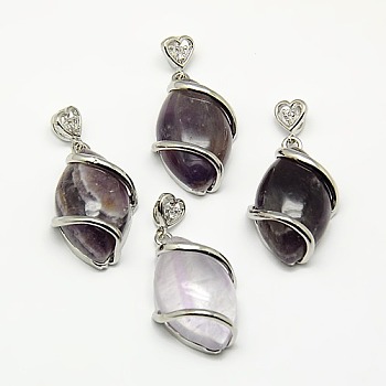 Natural Amethyst Pendants, with Brass Rhinestone Findings,  Horse Eye, 36x17.5x7~9mm, Hole: 2.5x4mm