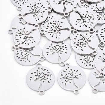 201 Stainless Steel Links connectors, Laser Cut Links, Flat Round with Tree of Life, Stainless Steel Color, 19x15x1mm, Hole: 1.6mm