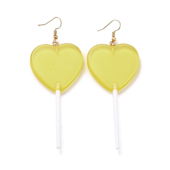 Transparent Heart-shape Lollipop Dangle Earrings for Women, Candy Color Simulation Food Drop Earrings, Golden, Light Khaki, 97~99mm, Pin: 0.5mm