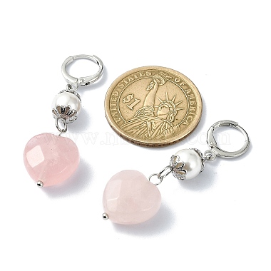Boucles d'oreilles à levier en forme de cœur en quartz rose naturel avec perles de coquillage(EJEW-TA00331)-3