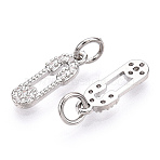 Brass Micro Pave Cubic Zirconia Charms, Cadmium Free & Lead Free, with Jump Rings, Safety Pins Charms, Platinum, 14x5x1.5mm, Hole: 3.4mm(ZIRC-F132-06P)