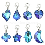 16Pcs 8 Styles Electroplated Glass Pendant Decorations, with Alloy Lobster Claw Clasps, Platinum, Heart/Maple Leaf/Snowflake, Medium Blue, 28~33mm, 2pcs/style(HJEW-YW00361)