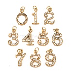304 Stainless Steel Rhinestone Pendants, Number Charms, Ion Plating(IP), Golden, Mixed Shapes, 13~14x6~9x2~2.5mm, Hole: 2.5mm(STAS-N133-03-G)