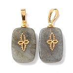Natural Labradorite Pendants, with Brass Findings & 304 Stainless Steel Cabochons, Golden, Rectangle with Flower Pattern Charms, 23~23.5x13~13.5x3.5~4mm, Hole: 7.5x4mm(G-G461-07G-06)