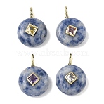 Natural Blue Spot Jasper Pendants, Flat Round Charms with Brass Micro Pave Random Color Cubic Zirconia Findings, Golden, 22x16x6.5~8mm, Hole: 2.5x4mm(G-I391-01G-06)