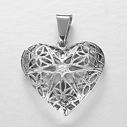 Tarnish Resistant 304 Stainless Steel Locket Pendants, Heart Diffuser Locket, Stainless Steel Color, 34.2x25.2x6.5mm, Hole: 9x5mm(X-STAS-P059-05)