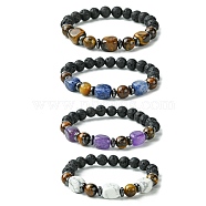 Natural Mixed Gemstone Cuboid & Lava Rock Round Beaded Stretch Bracelet, Inner Diameter: 2-1/4 inch(5.6cm)(BJEW-JB09795)