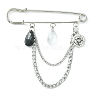 Faceted Teardrop & Alloy Flower Charm Safety Pin Brooch, with 304 Stainless Steel Twist Chains, Antique Silver & Platinum, 80x76mm(JEWB-BR00110)