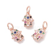 Brass Micro Pave Cubic Zirconia Charms, Hamsa Hand/Hand of Fatima/Hand of Miriam, Colorful, Rose Gold, 13x9.5x2mm, Hole: 4mm(ZIRC-F106-05RG)