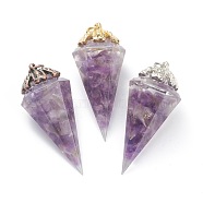 Resin Pointed Pendants, with Natural Amethyst Inside and Brass Findings, Faceted, Cone/Spike/Pendulum, 43.5x17x19.5mm, Jump Ring: 6x1mm, 4mm Inner Diameter(G-L571-01B)