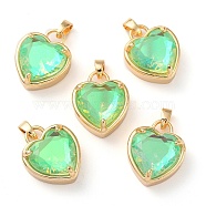 K9 Glass Pendants, with Golden Tone Brass Findings, Faceted, Heart Charms, Peridot, 18x15x7.7mm, Hole: 5x3mm(FIND-C036-01G-01)