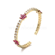 Cubic Zirconia Flower Open Cuff Bangles, Real 18K Gold Plated Brass Jewelry for Women, Deep Pink, Inner Diameter: 2-1/4 inch(5.7cm)(BJEW-P281-01G-01)