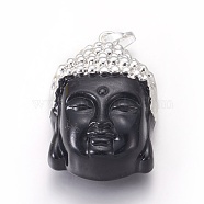 Glass Pendants, with Brass Findings, Buddha Head, Silver Color Plated, Black, 40x26.5x16.5mm, Hole: 5x8mm(KK-I639-01DP)