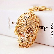 Alloy Rhinestone Keychain, Skull, Golden, 11.6cm(PW23062552557)