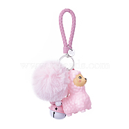 Plastic Keychain, with Alloy Lobster Claw Clasps, Iron Key Ring and Bell, Pom Pom Ball, PU Leather, Sheep, Platinum, Pink, 200mm(X-KEYC-L025-O01)