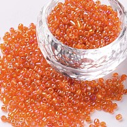 12/0 Round Glass Seed Beads, Transparent Colours Rainbow, Round Hole, Orange Red, 12/0, 2mm, Hole: 1mm, about 3333pcs/50g, 50g/bag, 18bags/2pounds(SEED-US0003-2mm-169B)