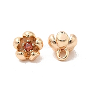 Brass & Cubic Zirconia Pendants,Real 18K Gold Plated, Flower Charm, Crimson, 6x5x5mm, Hole: 1.2mm(KK-Q773-16G-01)