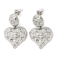 304 Stainless Steel Micro Pave Cubic Zirconia Dangle Stud Earrings, Textured Heart, Stainless Steel Color, 34x22mm(EJEW-P253-03P)
